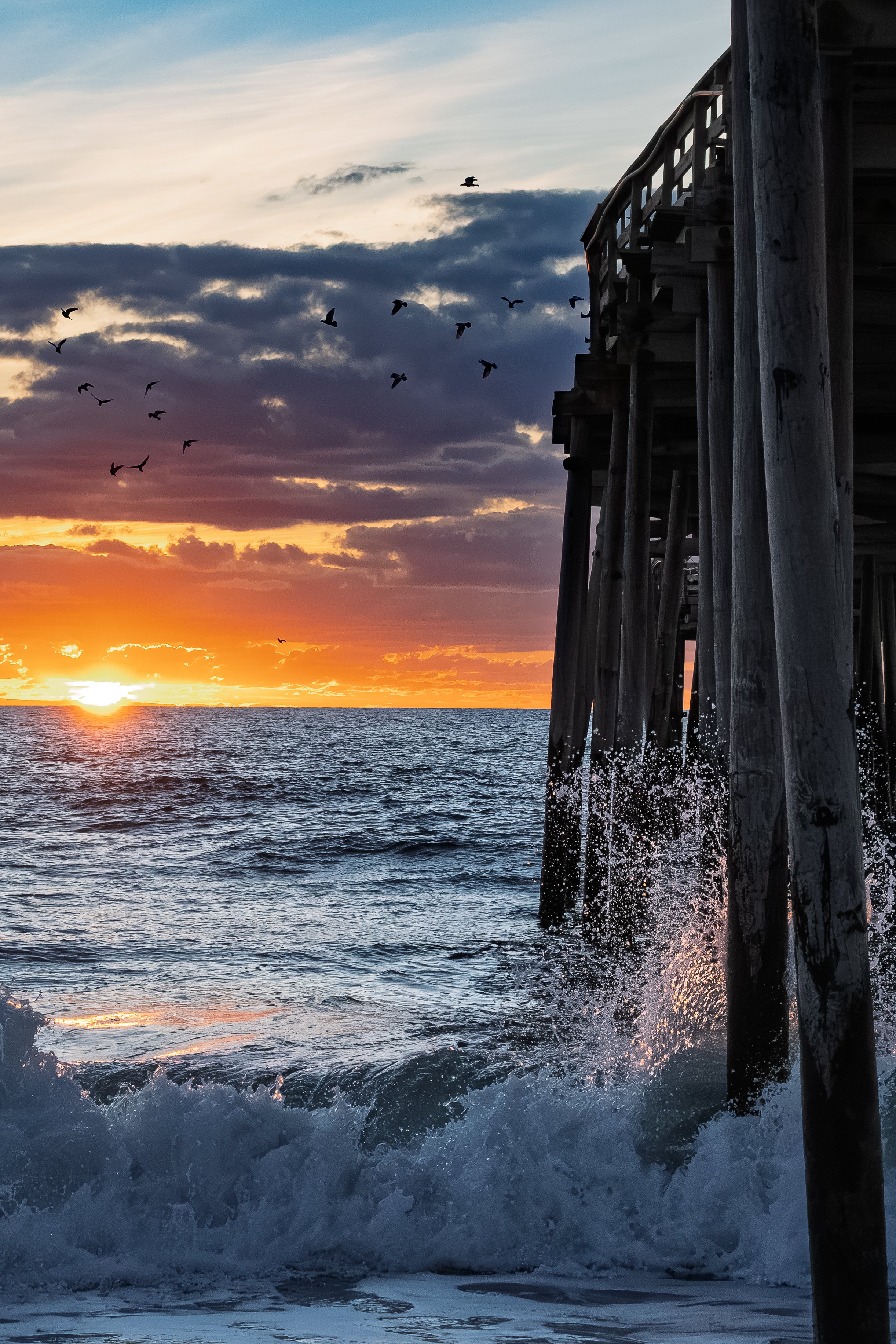 Sunset over the ocean with a silhouette of a pier and birds flying in the sky.
