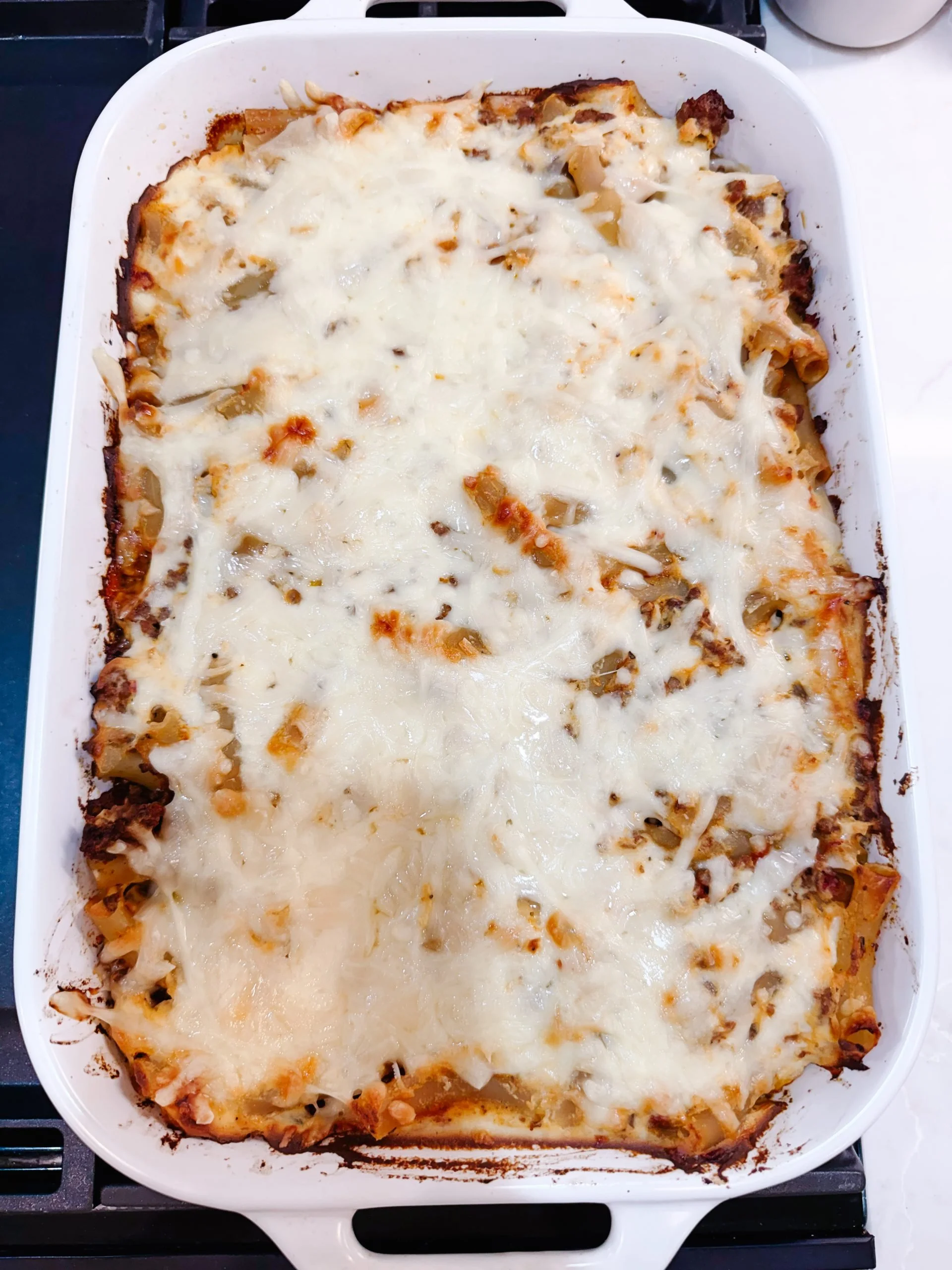 Easy Cheesy Baked Ziti with Ground Beef and Italian Sausage