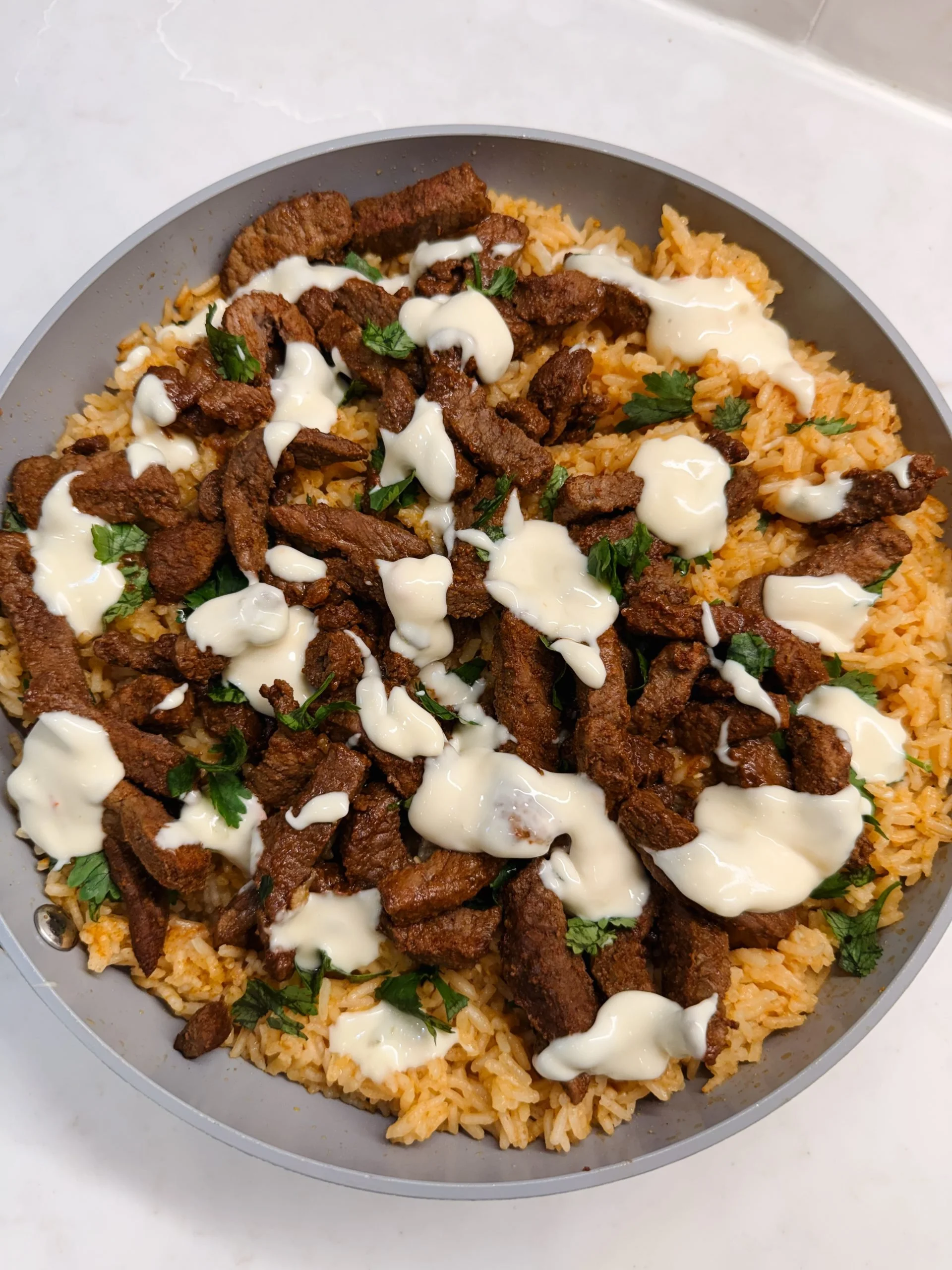 Steak and Mexican Rice Bowl with Queso