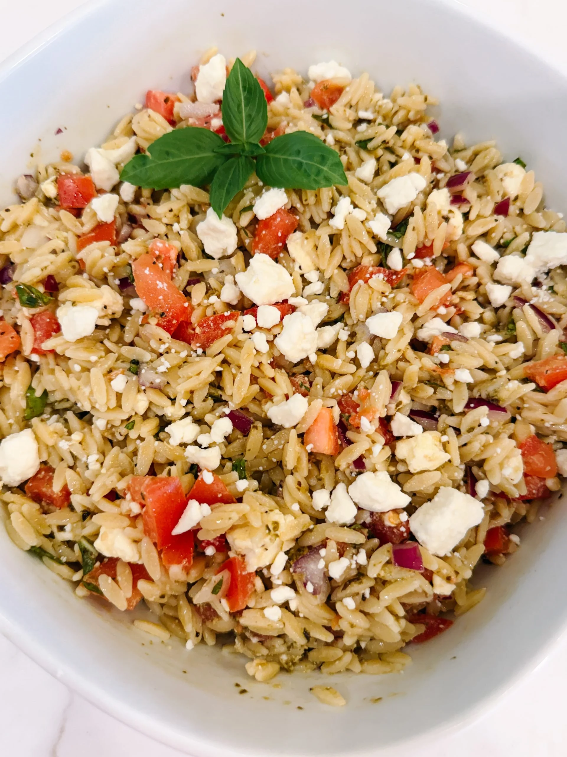 Easy Tomato Basil Orzo Pasta Salad with Pesto &amp; Feta
