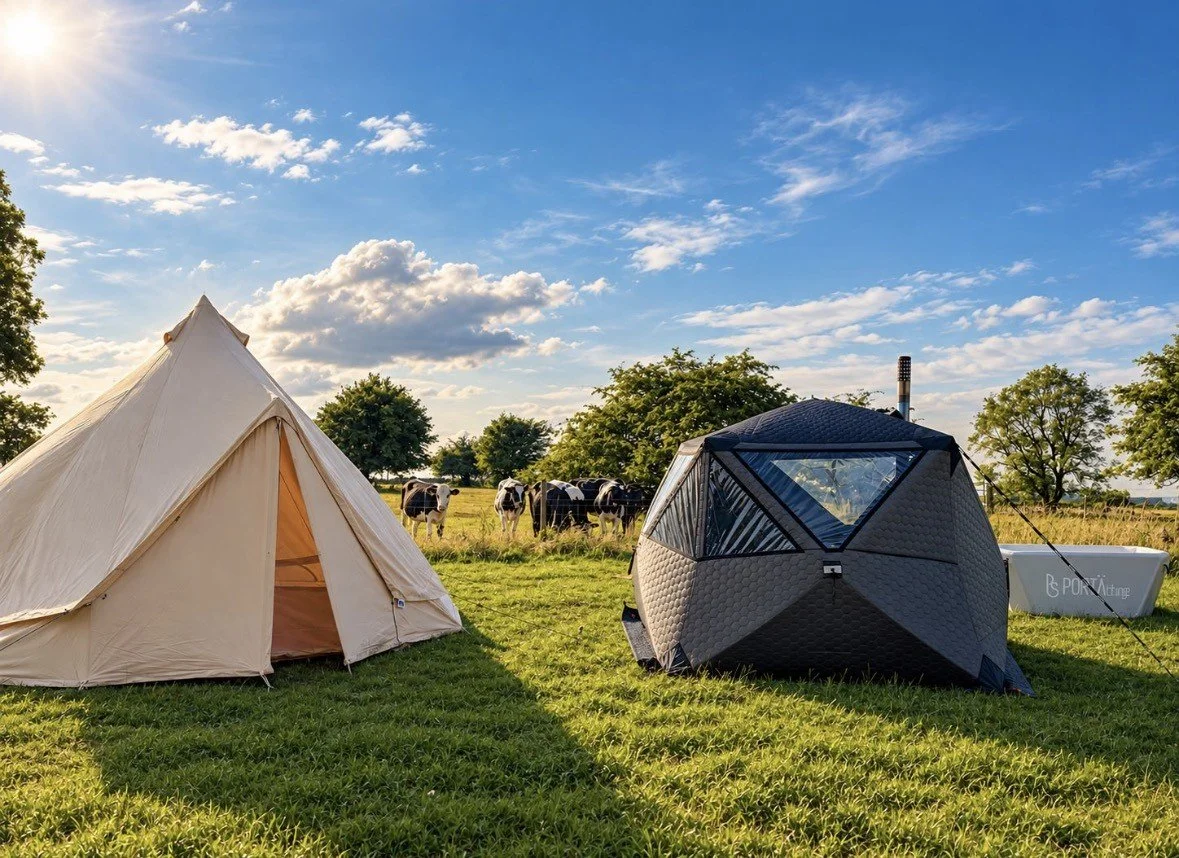 A camping scene with two tents on a grassy field, cows grazing in the background, trees, and a partly cloudy sky.