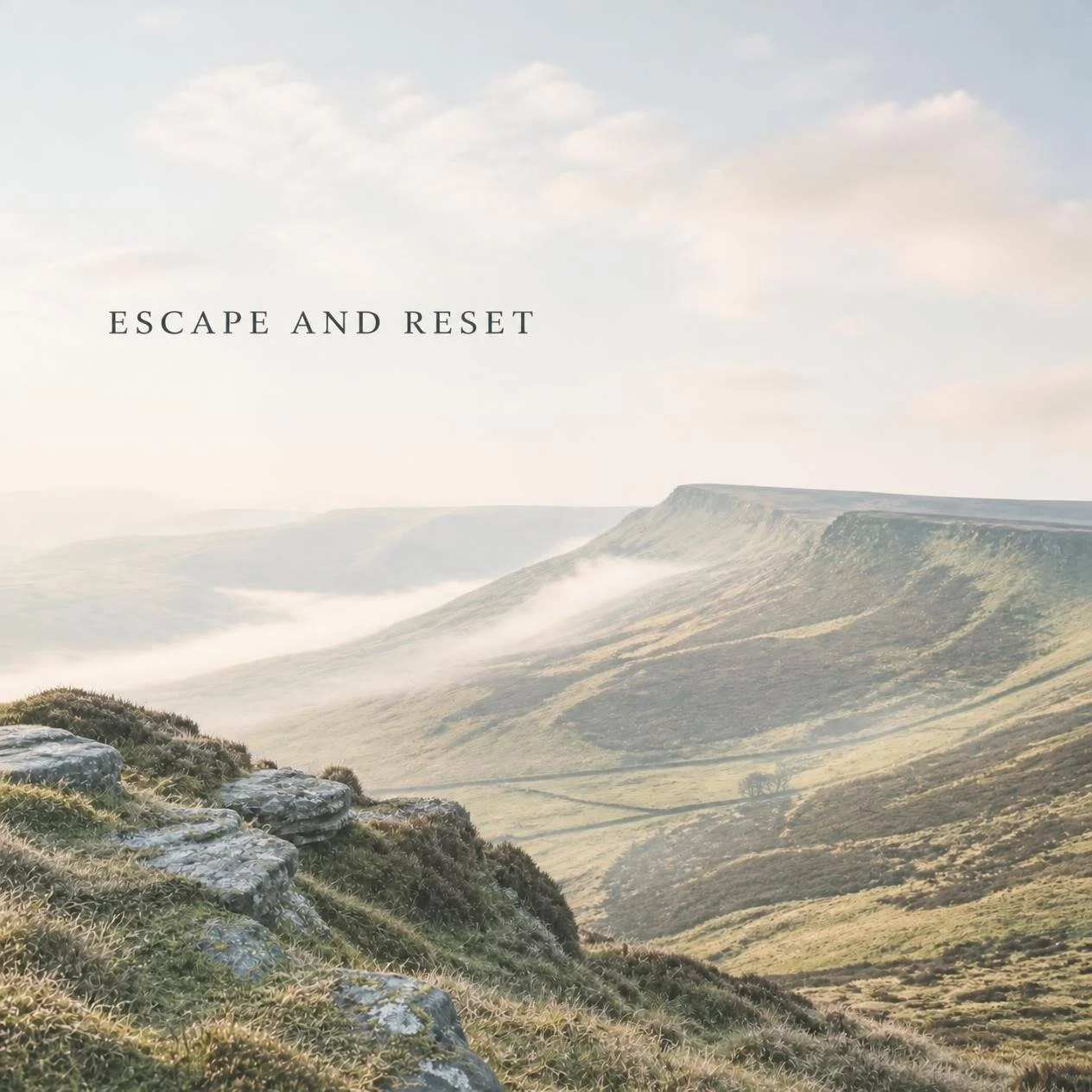 A scenic view of a valley with rolling hills and cliffs in a foggy or misty atmosphere, with the text 'Escape and Reset' overlayed on the sky.