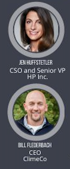 Profile images of two individuals with their names and titles. The first is Jen Huffstetler, CSO and Senior VP at HP Inc., with long brown hair, smiling. The second is Bill Flederbach, CEO of ClimeCo, bald, smiling, with a green outdoor background.