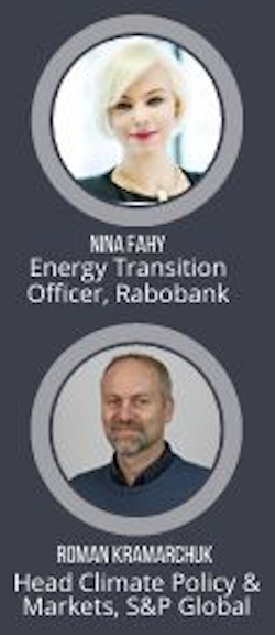 Profile images of Nina Fahy, Energy Transition Officer at Rabobank, and Roman Kramarchuk, Head of Climate Policy & Markets at S&P Global.