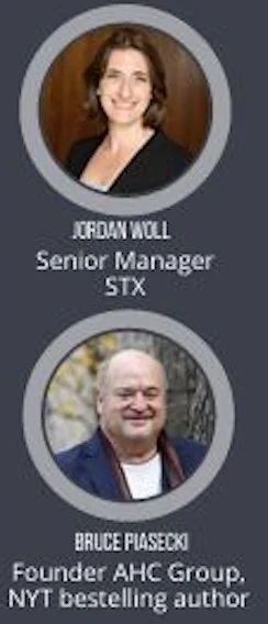 Profile images of Jordan Woll, Senior Manager at STX, and Bruce Piascik, founder of AHC Group and NYT bestselling author, with their names and titles.