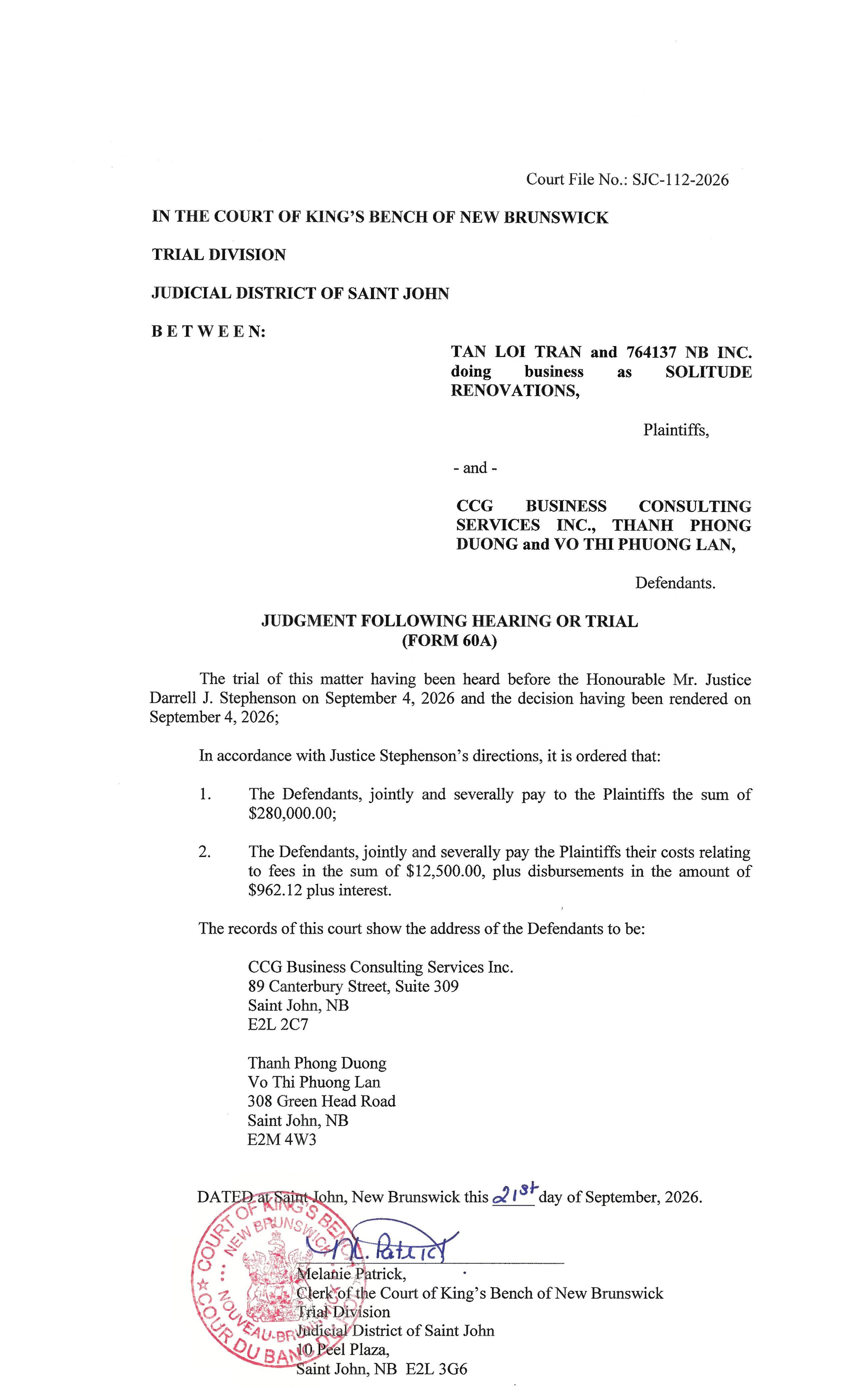 Legal court document titled 'Judgment Following Hearing or Trial' from the Court of King's Bench of New Brunswick, with signatures, official stamps, and addresses, dated September 21st, 2026.