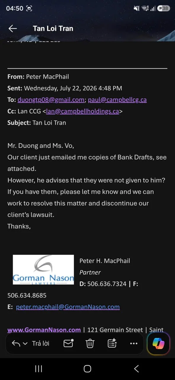 Screenshot of an email from Peter MacPhail to duongtp08@gmail.com and paul@campbellcg.ca, with a cc to lan@campbellholdings.ca, discussing bank drafts related to a legal case, including Peter MacPhail's contact information and law firm logo.