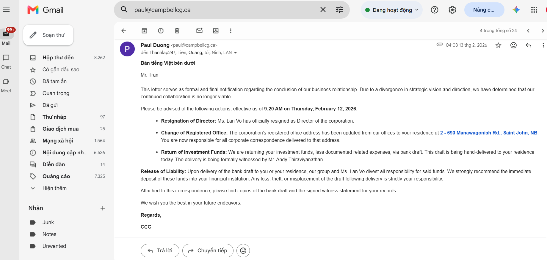 Screenshot of an email inbox showing an opened email. The email is from Paul Duong, with the subject about business resignation and account updates, sent on February 13, 2026. The left sidebar contains folders such as Spam, Drafts, Trash, Social Network, and Notifications, with some unread messages indicated.