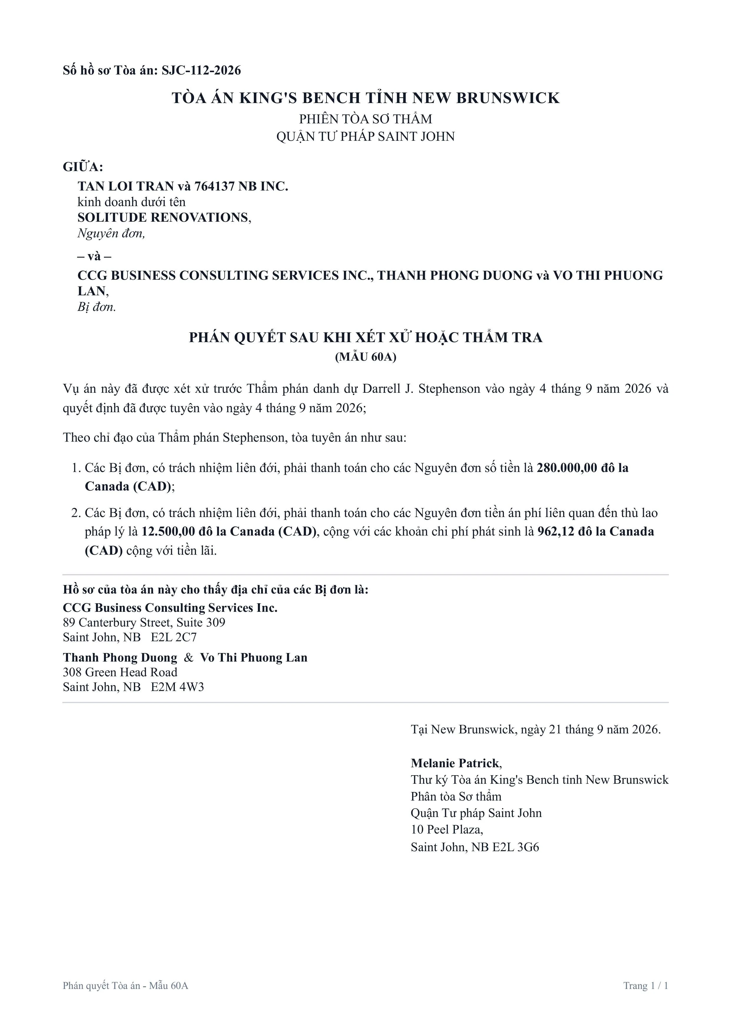 Legal document from a court in New Brunswick, detailing a case and legal procedures, including addresses and names of involved parties.