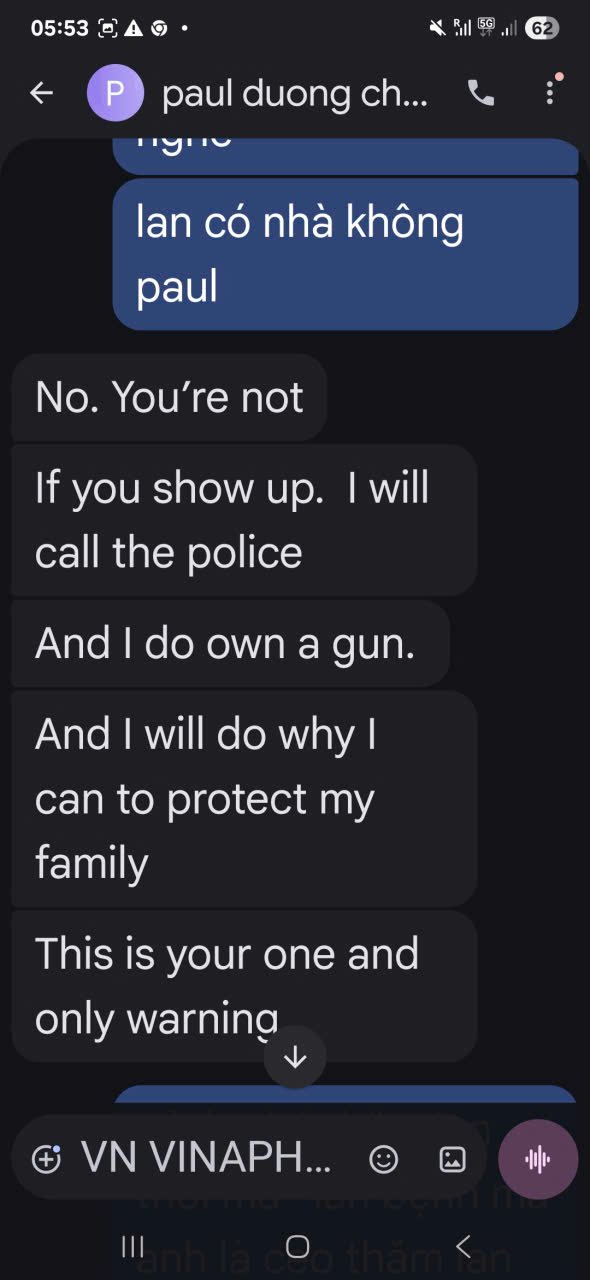 A screenshot of a text message conversation on a smartphone. The conversation includes threats and mention of calling the police and owning a gun.