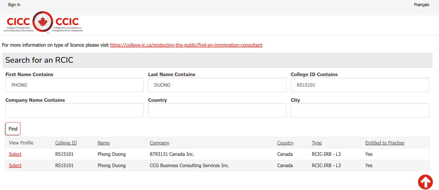 Screenshot of an online government database page for searching immigration consultants, showing form fields for name, company, country, city, and a list of results with names, companies, countries, and college IDs.