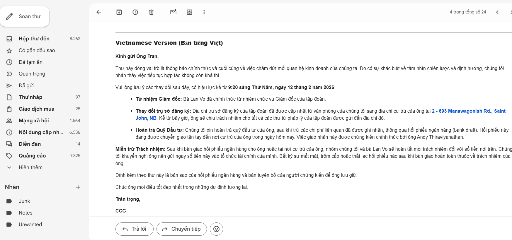 Screenshot of an email written in Vietnamese discussing the conclusion of business relationship, including updates on the director’s appointment, registered office address, investment repayment, and attached bank bond copy.