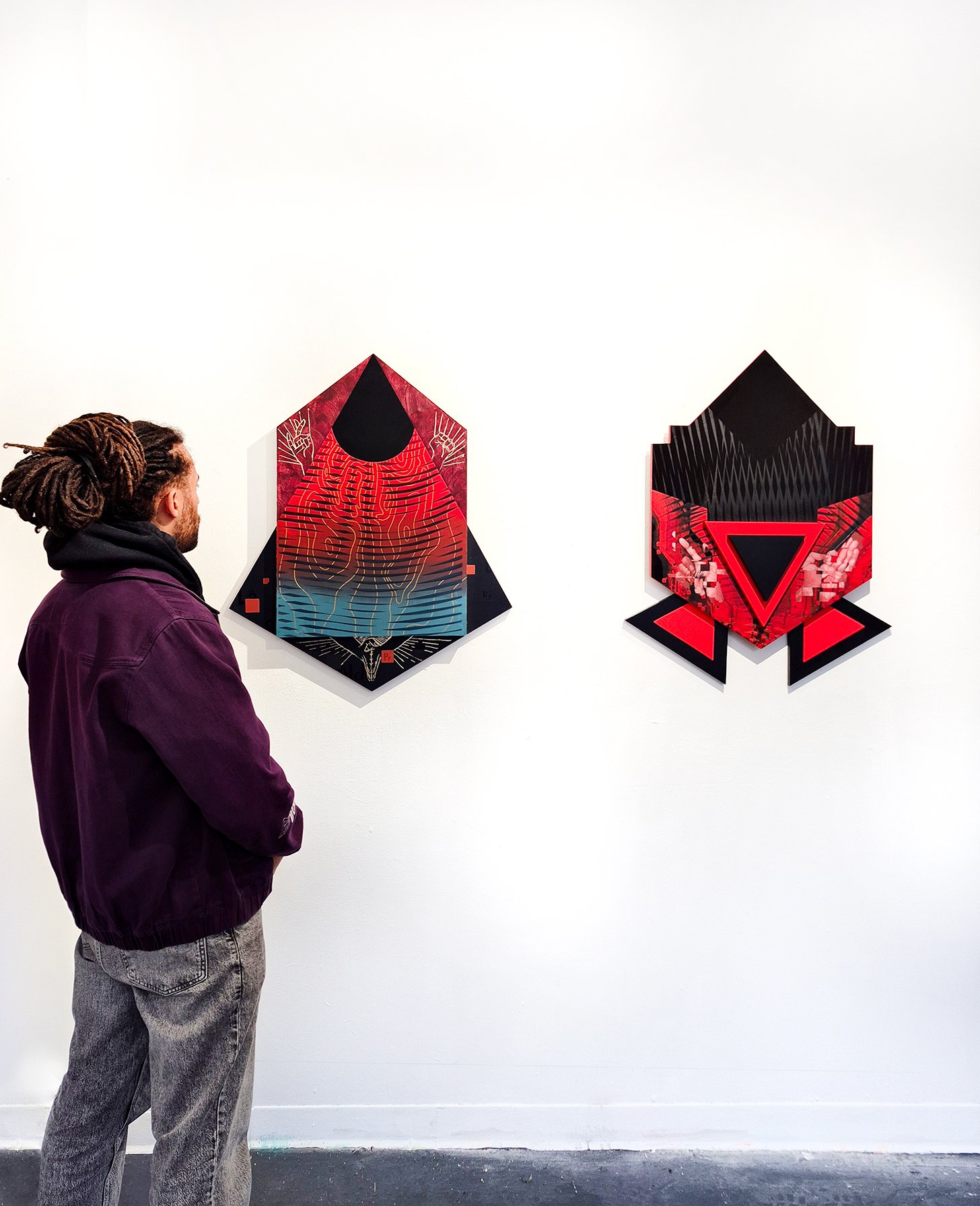 Avarus, Maat (install view)
2026
Acrylic, acrylic mediums, spray paint on
custom-shaped MDF wood panels