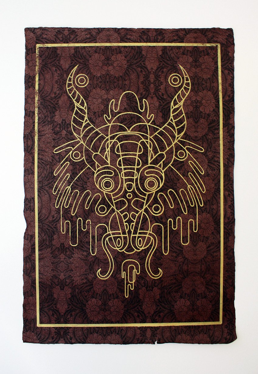 Mesmo Dragon (Brown) Detail
2014
30 × 20 inches
Hand-pulled silk screen on Nepalese paper