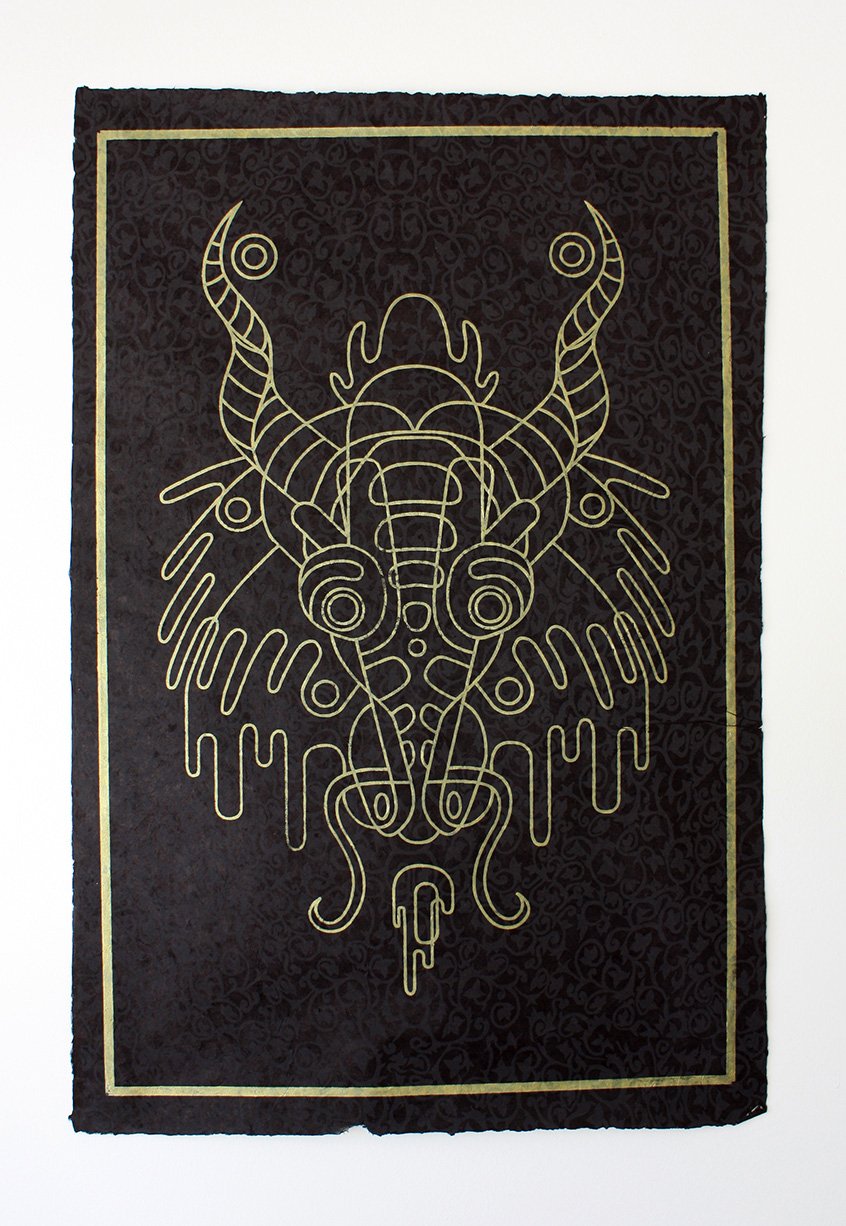 Mesmo Dragon (Black)
2014
30 × 20 inches
Hand-pulled silk screen on Nepalese paper