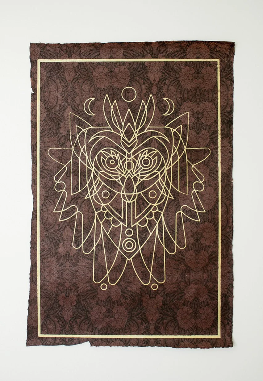 Mesmo Owl (Brown) 
2014
30 × 20 inches
Hand-pulled silk screen on Nepalese paper