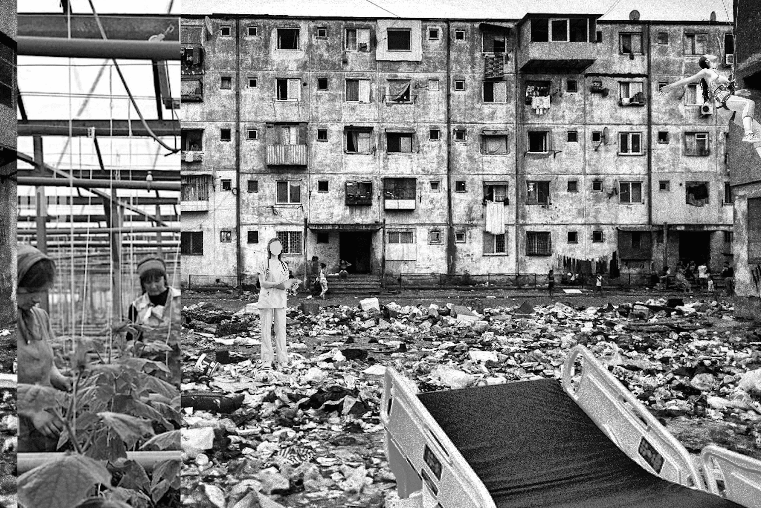 Black and white photo of a damaged apartment building with mismatched windows and balconies, a person in medical scrubs holding a clipboard in the foreground, children playing and walking amidst debris and rubble, and a woman jumping or dancing on the right side in front of the building.
