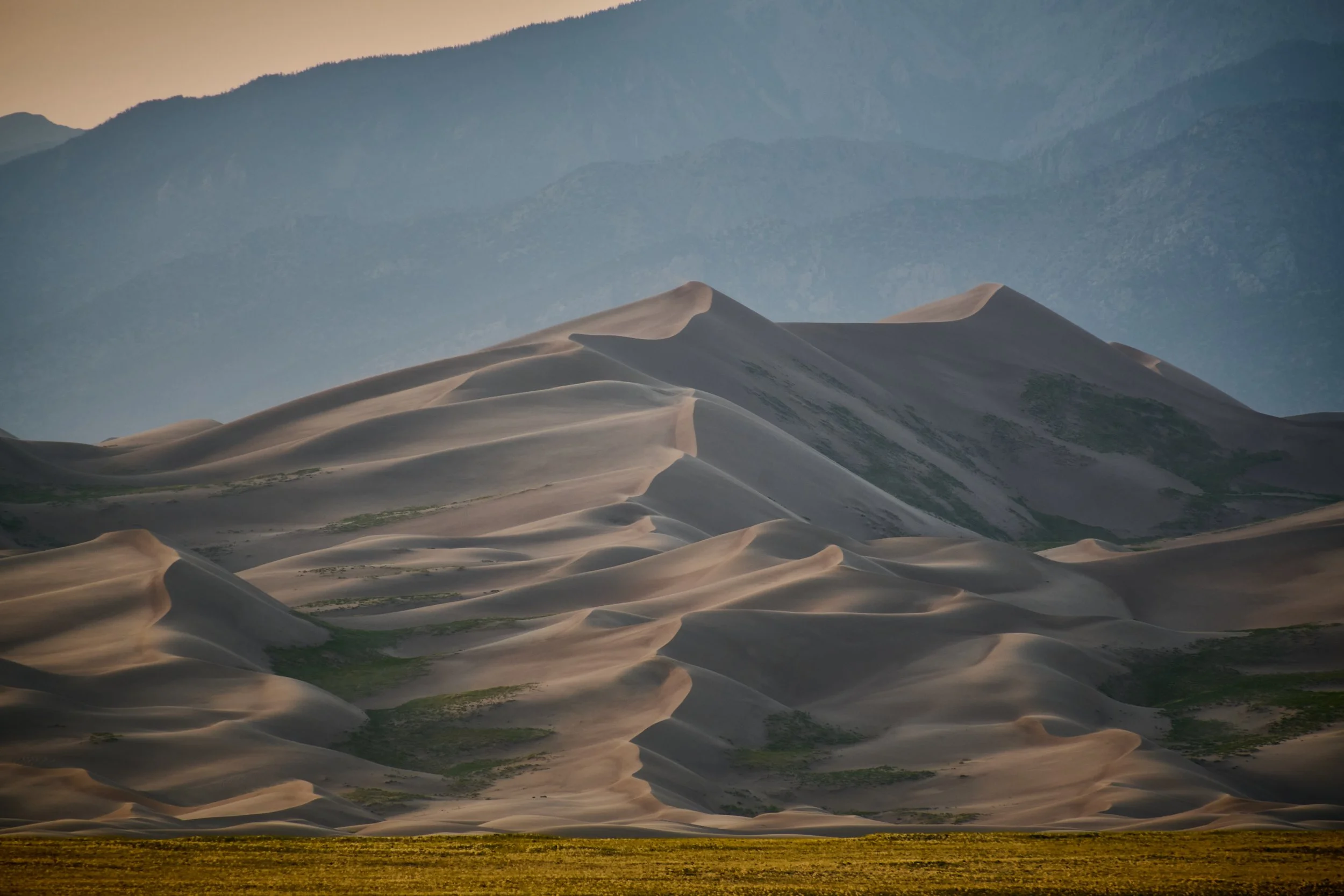 A landscape of sand dunes in front of a mountain range with a parkland and trees at the base of the dunes, under a clear sky.