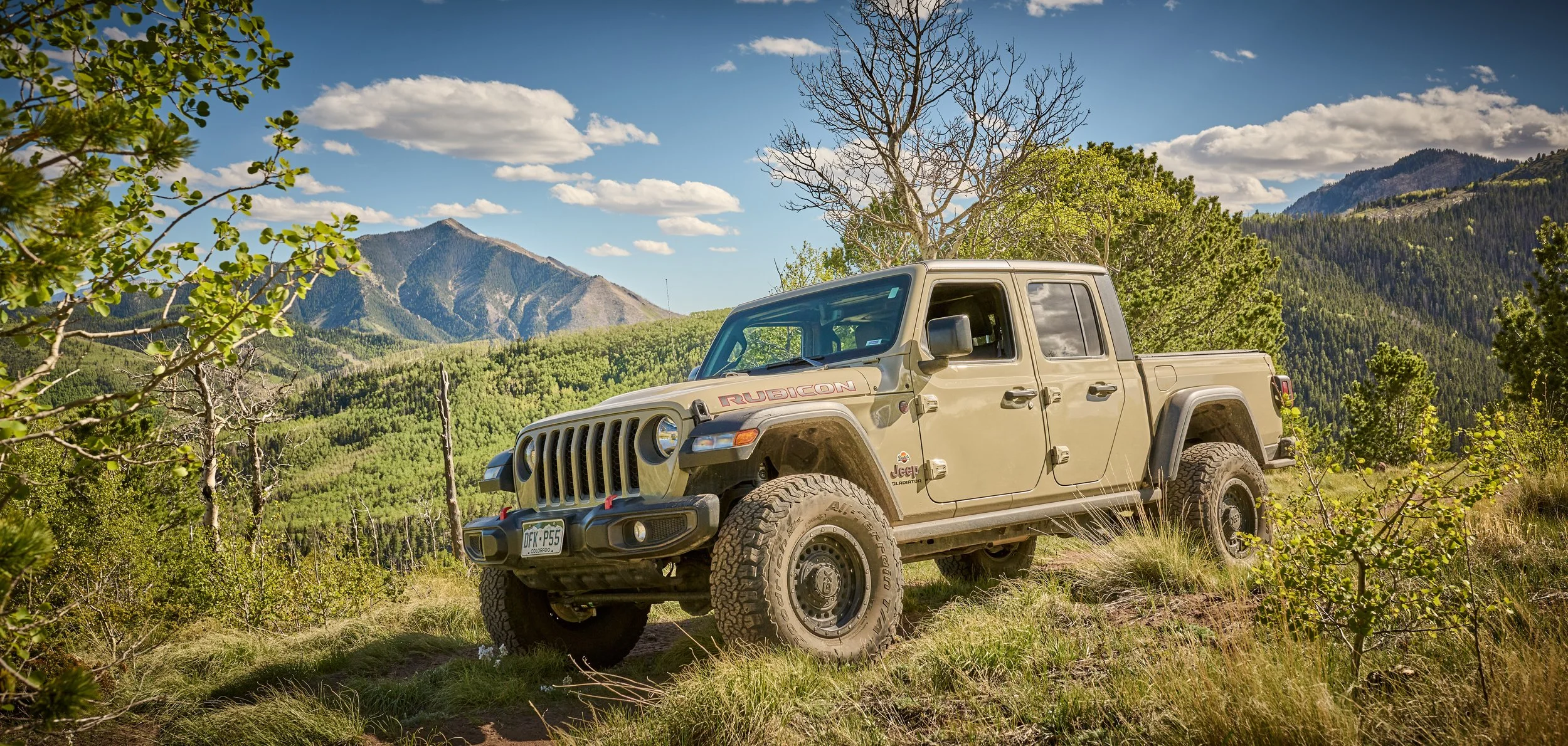 A beige Jeep Rubicon truck parked on a grassy hillside surrounded by trees with mountains and a blue sky with scattered clouds in the background.