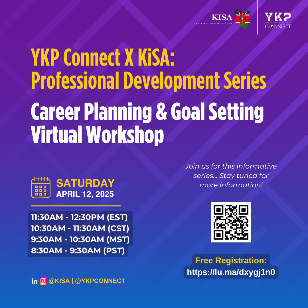 Promotional flyer for YKP Connect x KISA professional development series on career planning and goal setting, scheduled for Saturday, April 12, 2025. The event has multiple time zones listed and includes a QR code for registration.