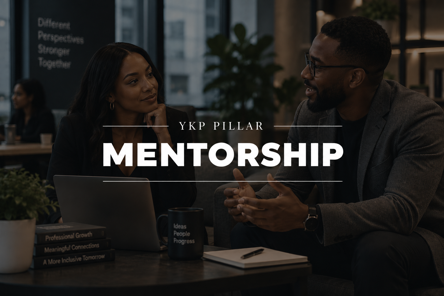 Two people in a professional setting having a conversation, with the words 'YKP Pillar Mentorship' overlaid on the image.