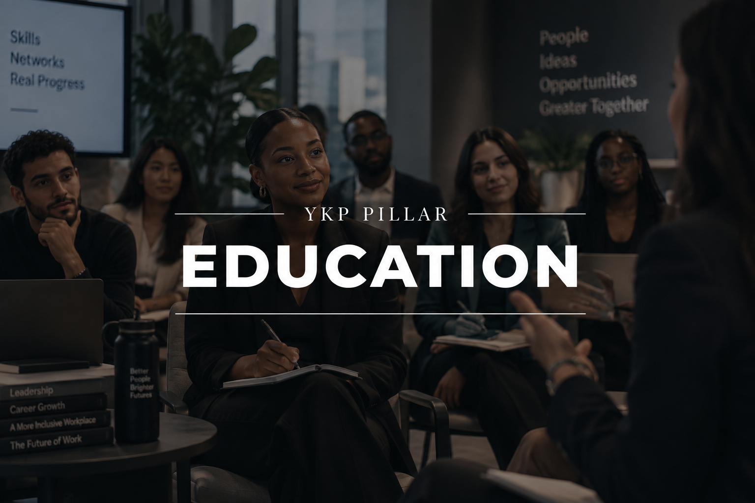 Group of diverse adults attending a professional training session or workshop in a modern office with a presentation screen and books about leadership and workplace growth.