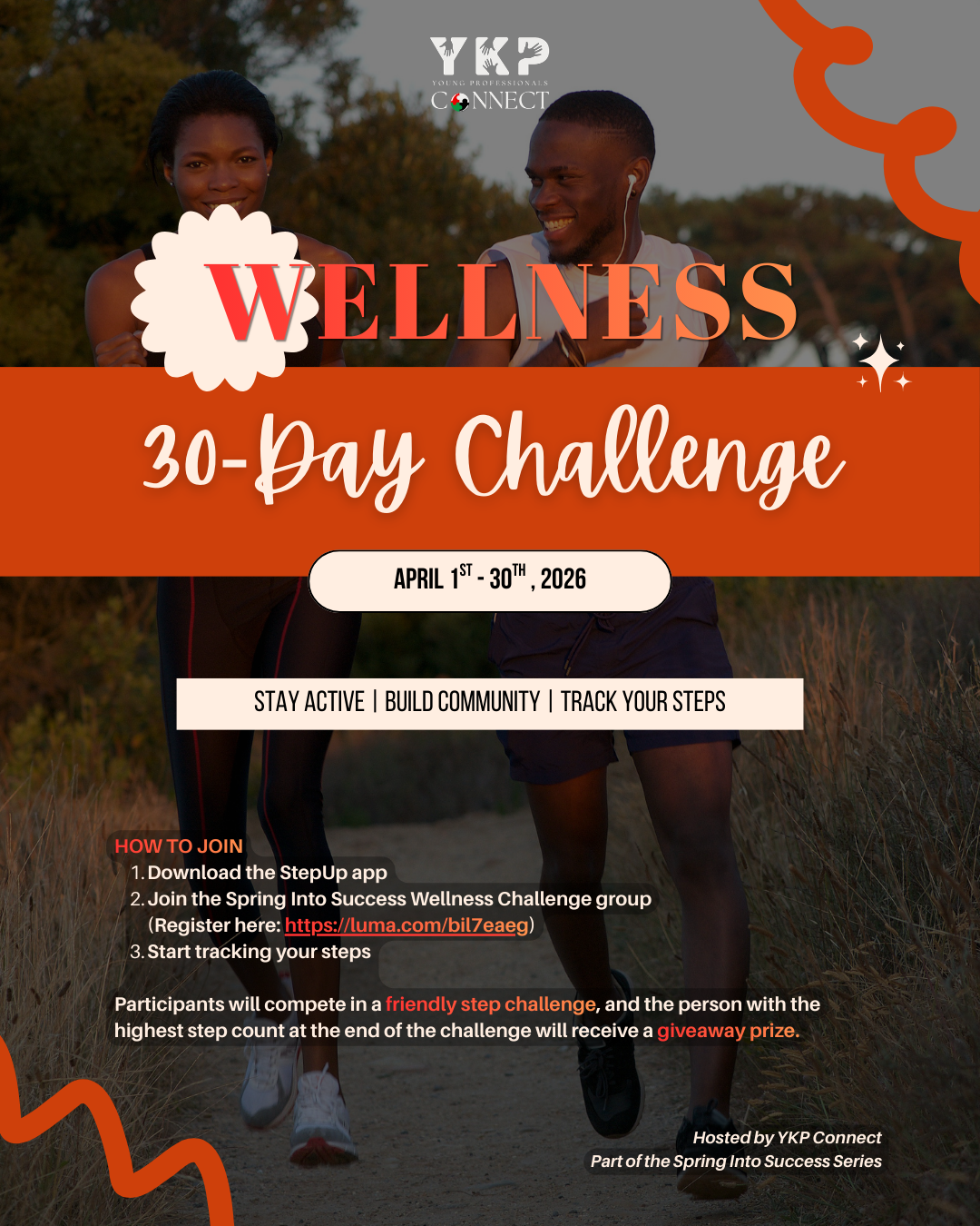 Poster advertising a wellness 30-day challenge from April 1st to 30th, 2026, with images of two people jogging outdoors. The poster includes instructions to join via a StepUp app and a link, emphasizing staying active, building community, and tracking steps.