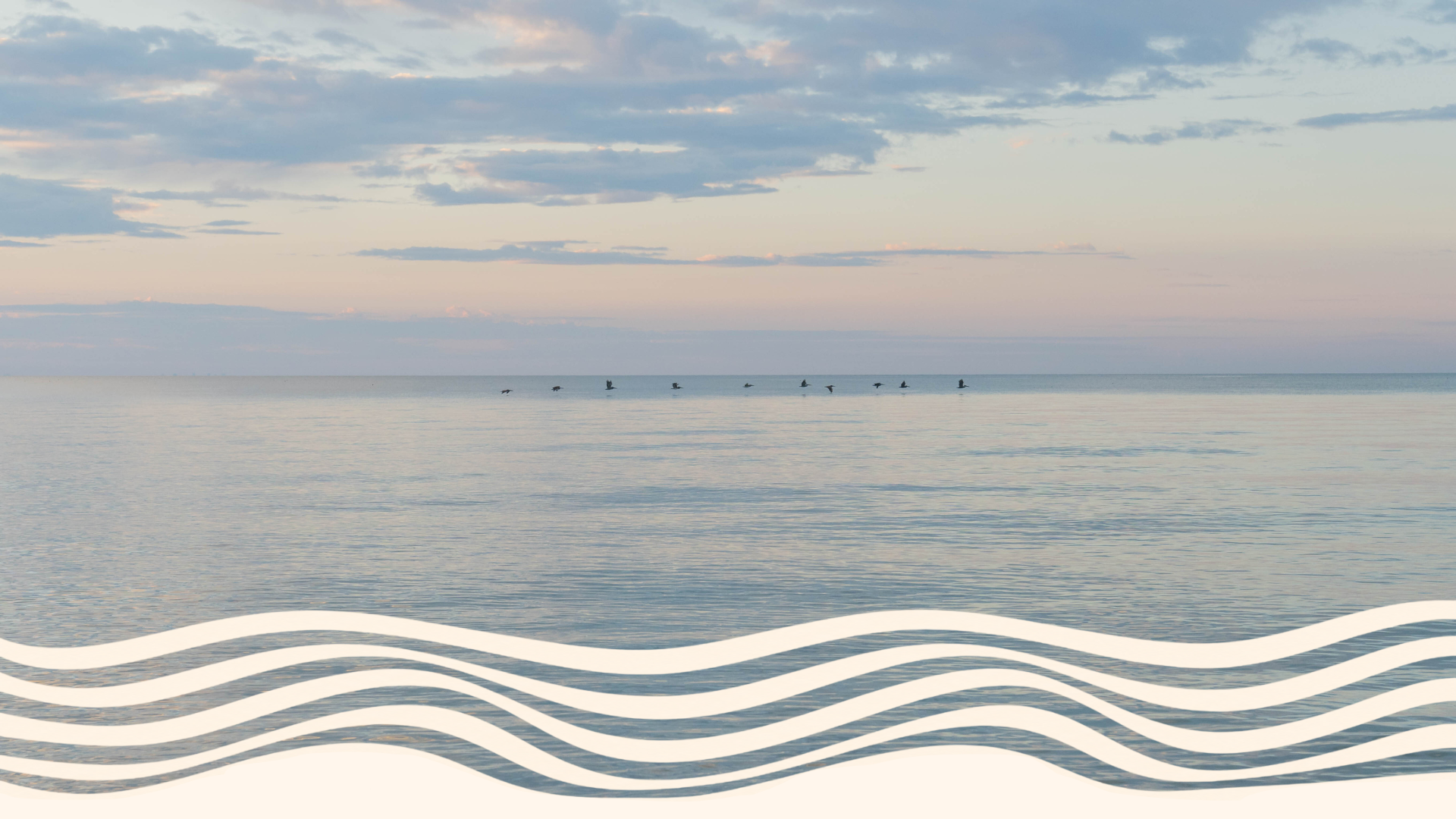 Seascape at sunset with six birds flying over calm water and a partly cloudy sky