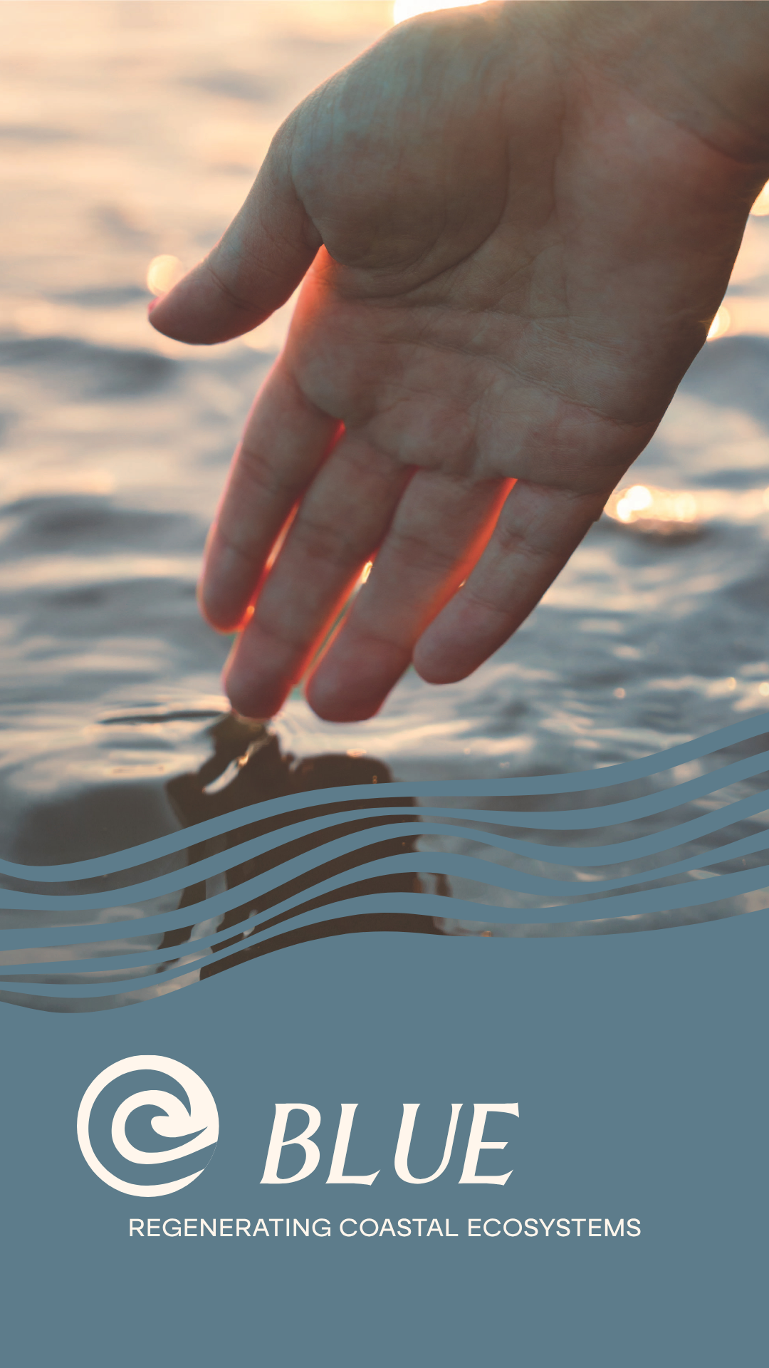 A hand touching water at sunset with a logo and text overlay promoting coastal ecosystem regeneration.