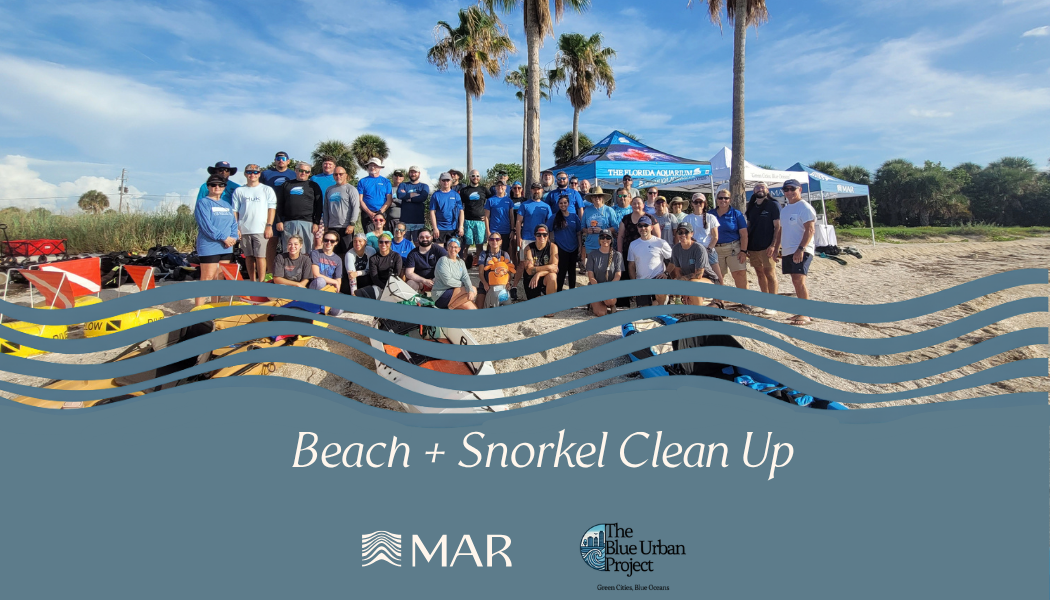 Group of people participating in a beach cleanup event with tents and palm trees in the background.