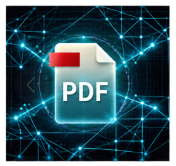 Icon of a PDF document with a red top edge on a digital network background