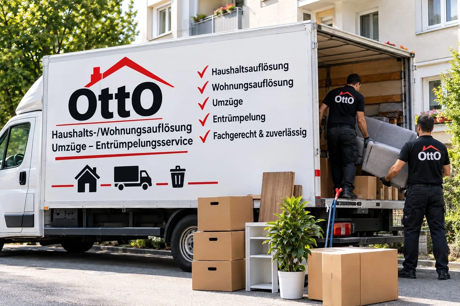 Mitarbeiter verladen Umzugsgüter in einen LKW mit Otto-Werbung, vor Wohnhaus, mit Kartons und Möbeln auf der Straße.