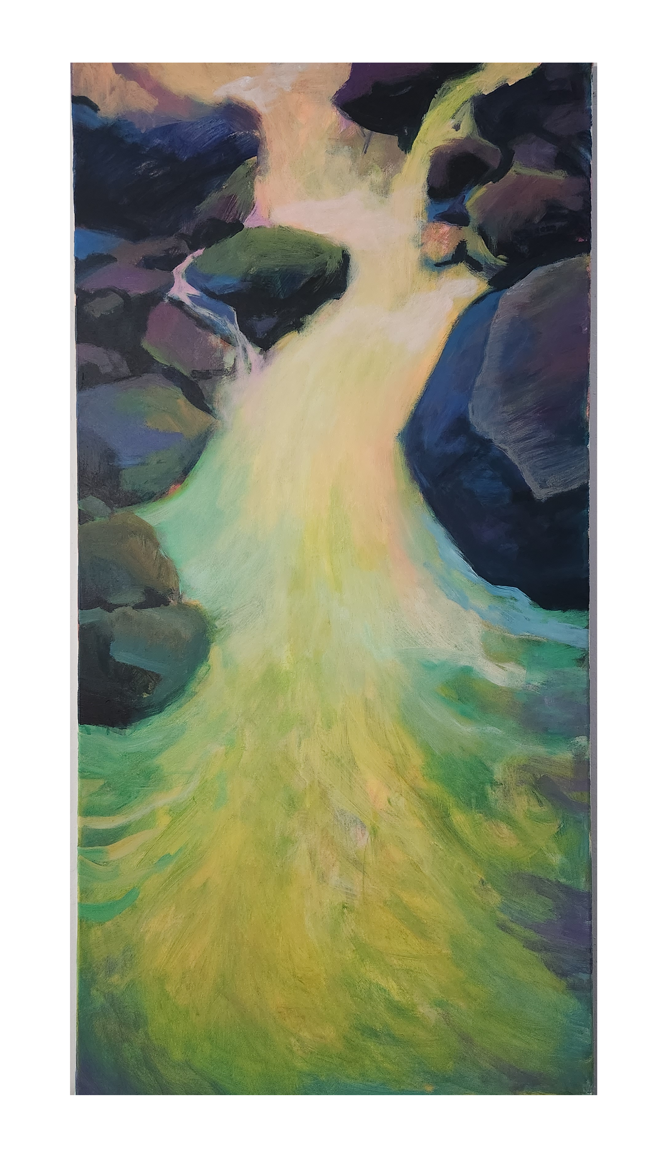 An abstract painting of a waterfall flowing between dark rocks, with light yellow and green tones.