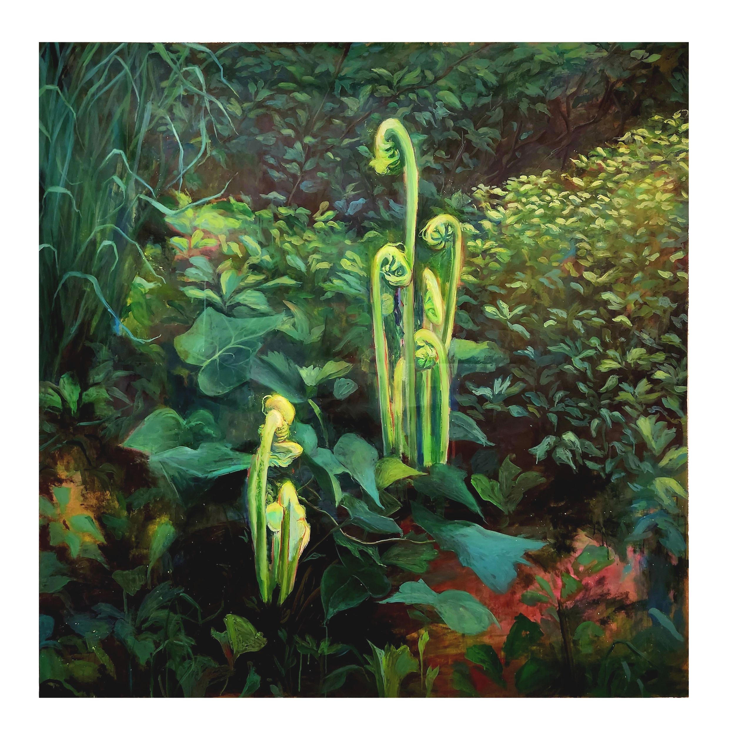 A vibrant painting depicting a lush green garden with tall, twisting plants and dense foliage, illuminated with soft, diffused light.