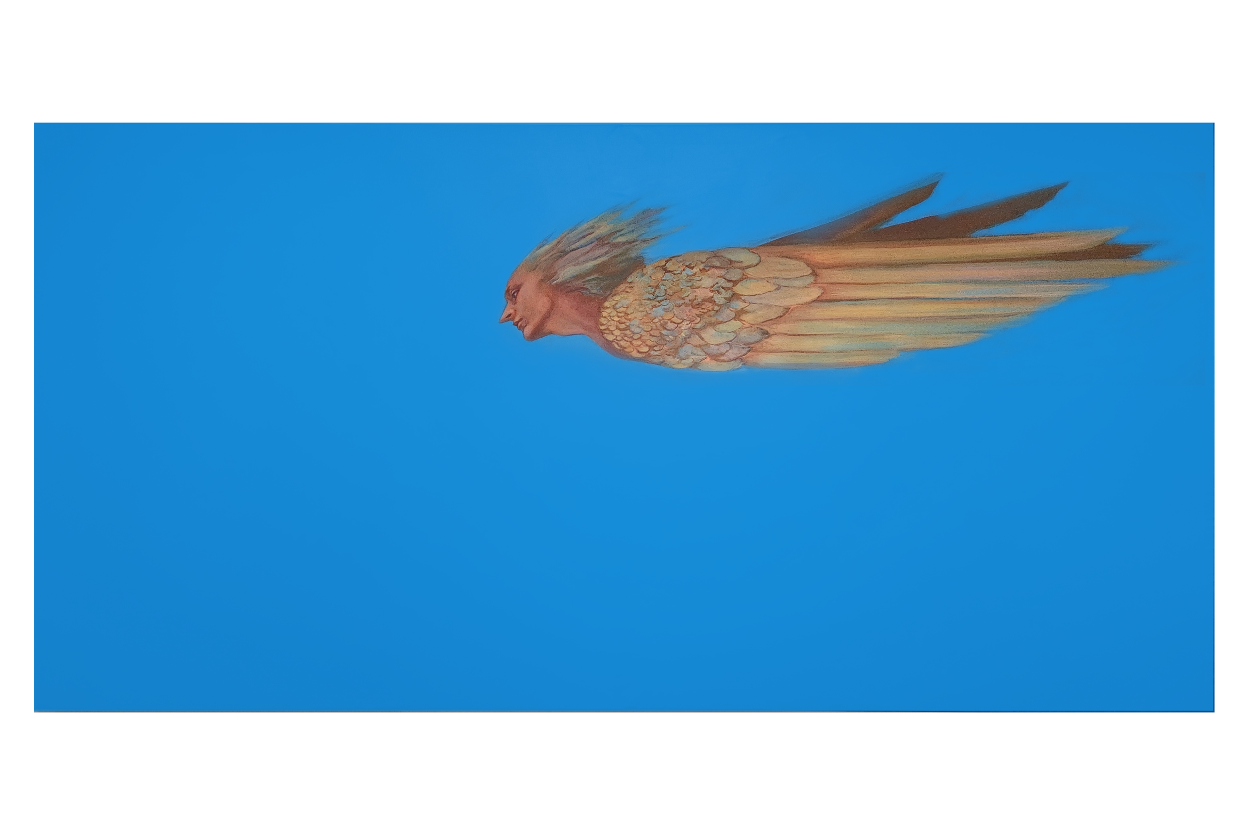 A painted mural of a mythical creature with a human face and bird wings flying across a blue sky.