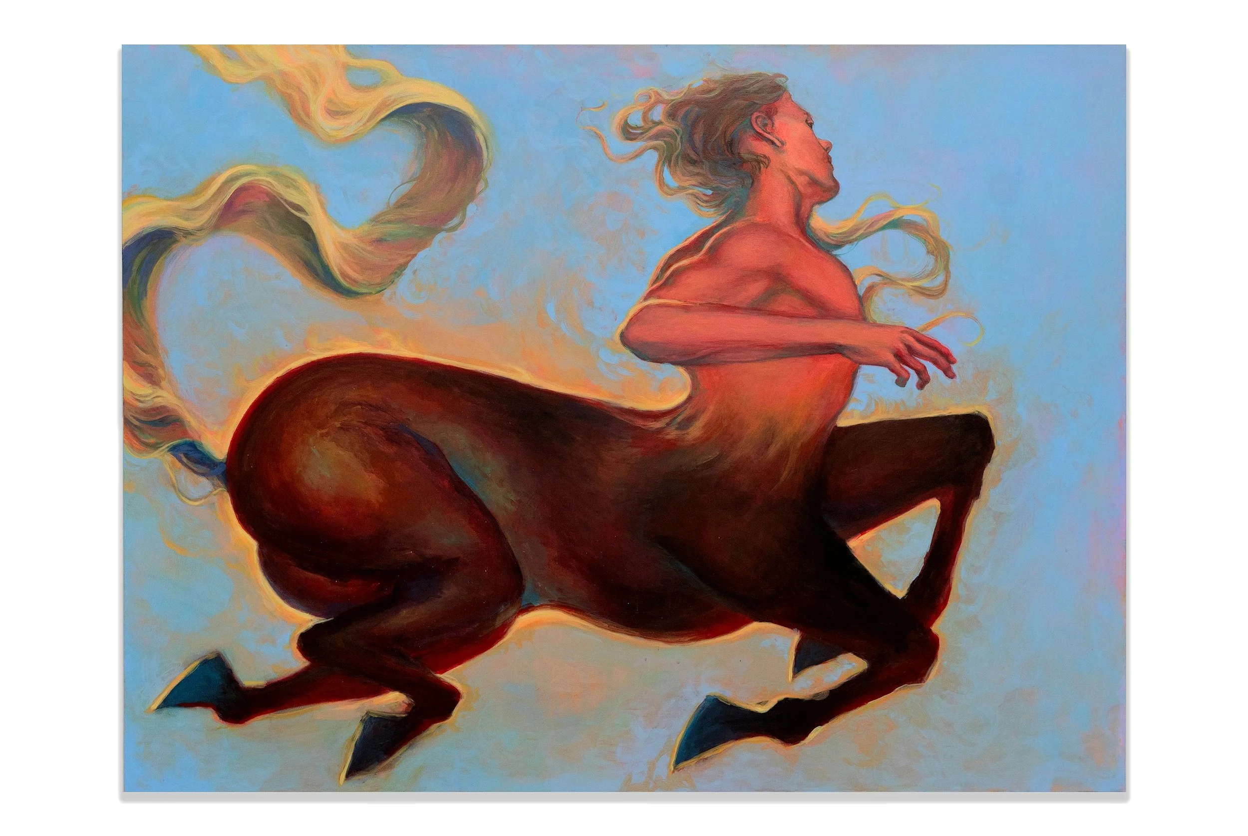 A painting of a woman riding a bucking horse against a bright sky background.