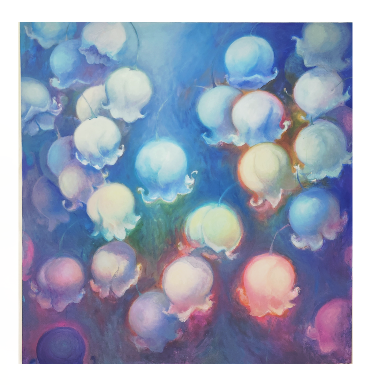 Abstract painting of numerous white, pink, and blue jellyfish against a vibrant and colorful background.