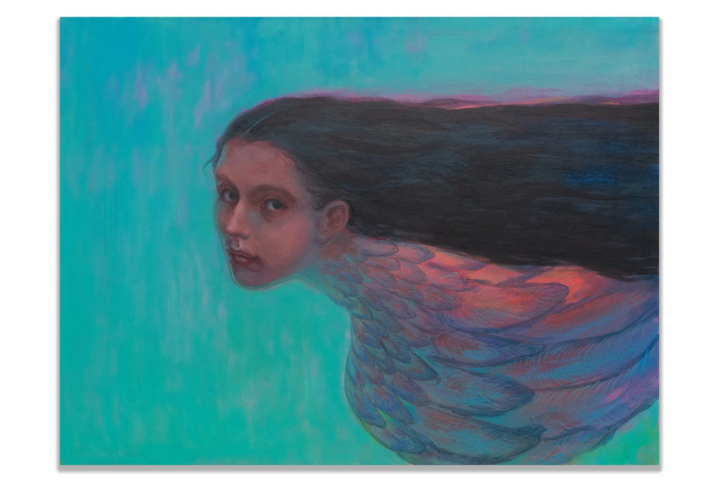 A portrait of a woman with long dark hair flowing behind her, set against a gradient turquoise to purple background, painted in a semi-realistic style.