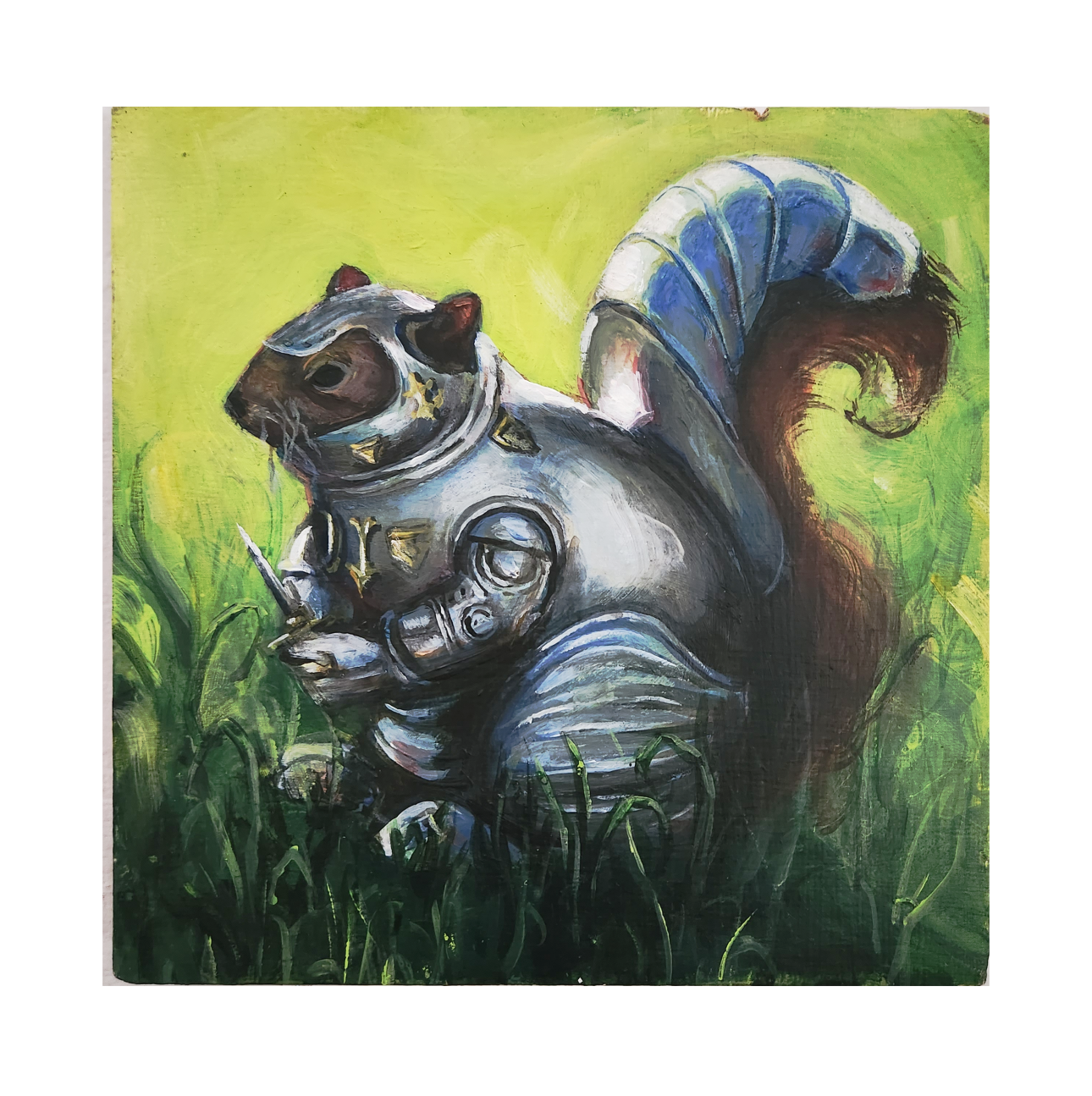 A painting of a chameleon with a cat's face, wearing a spacesuit, set against a green background with grass at the bottom.