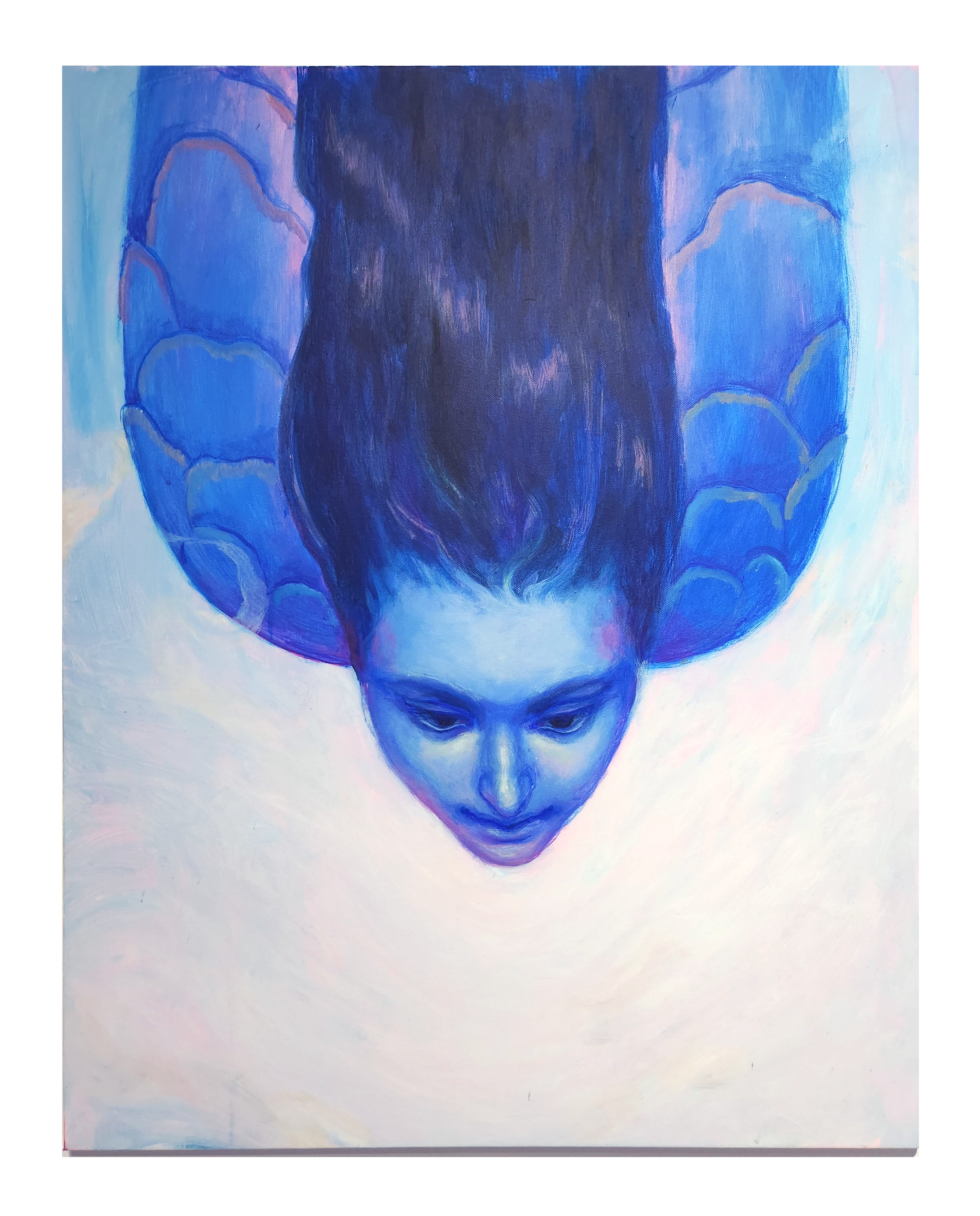 Painting of a person's face with eyes closed, depicted in cool blue and purple tones, with an abstract, layered background.