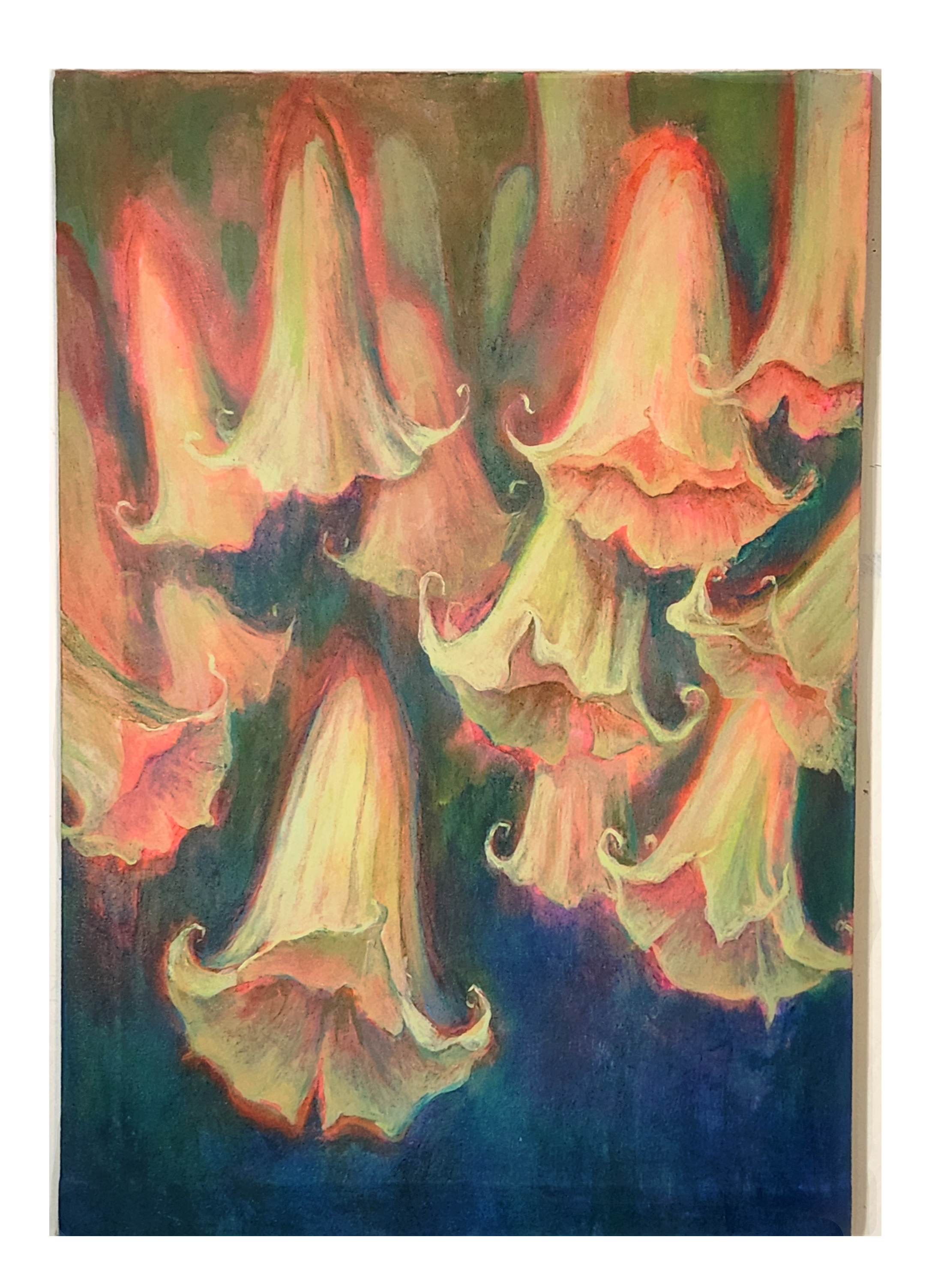 Abstract painting with flowing, colorful shapes in shades of pink, peach, cream, green, and blue on a canvas.