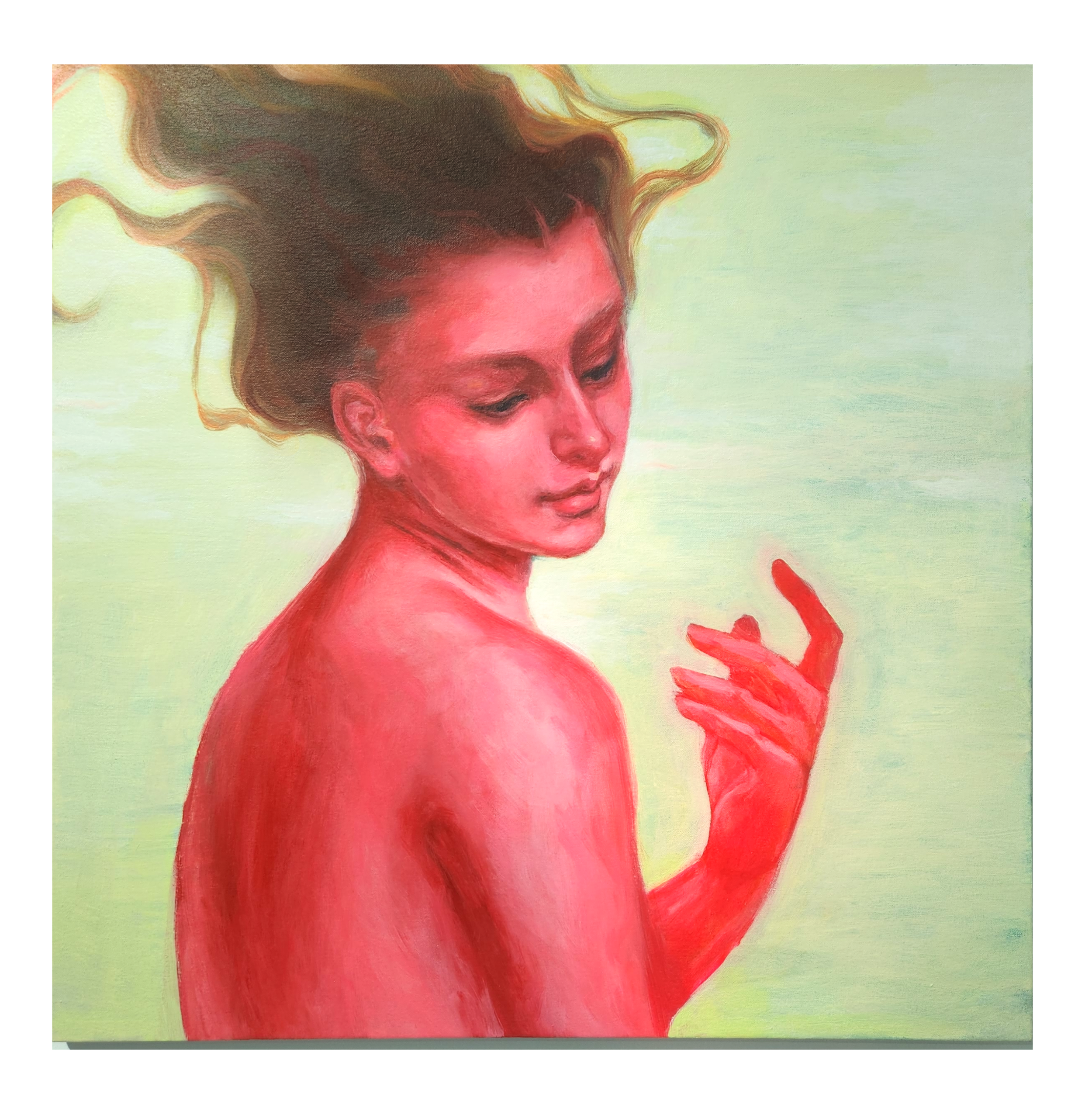 A painting of a woman with closed eyes, short dark hair, red lips, and pink skin, holding a red rose in her hand against a light green background.