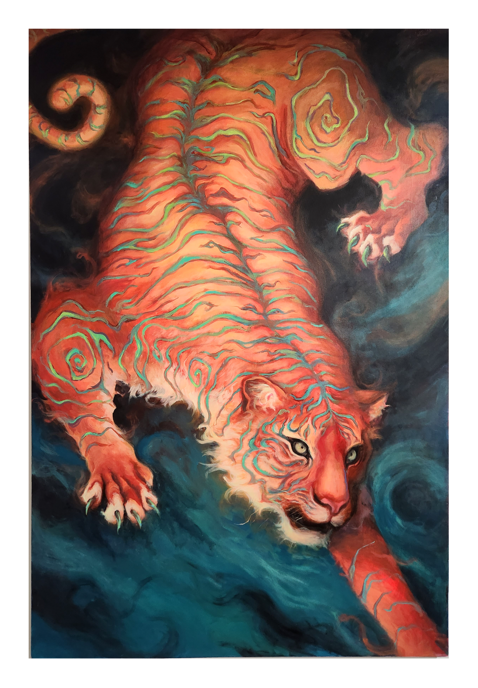 A surreal, colorful painting of a tiger with swirling patterns on its body, lying on a dark, cloudy background.