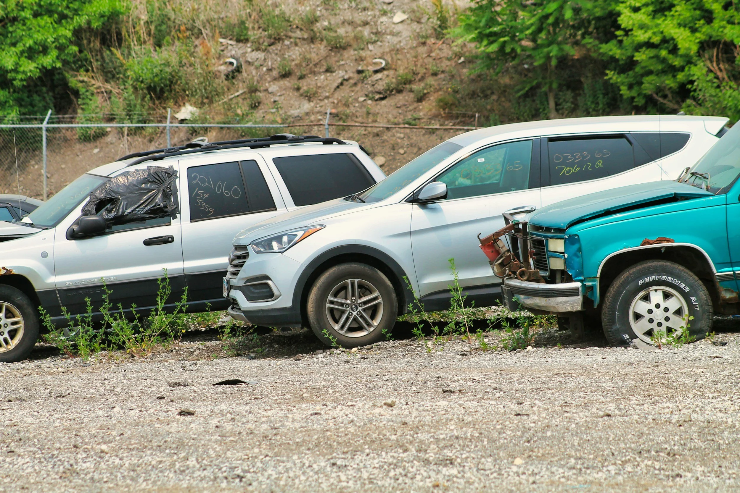 A row of abandoned cars in a lot with a dirt and gravel ground, with some overgrown plants and a chain-link fence in the background.