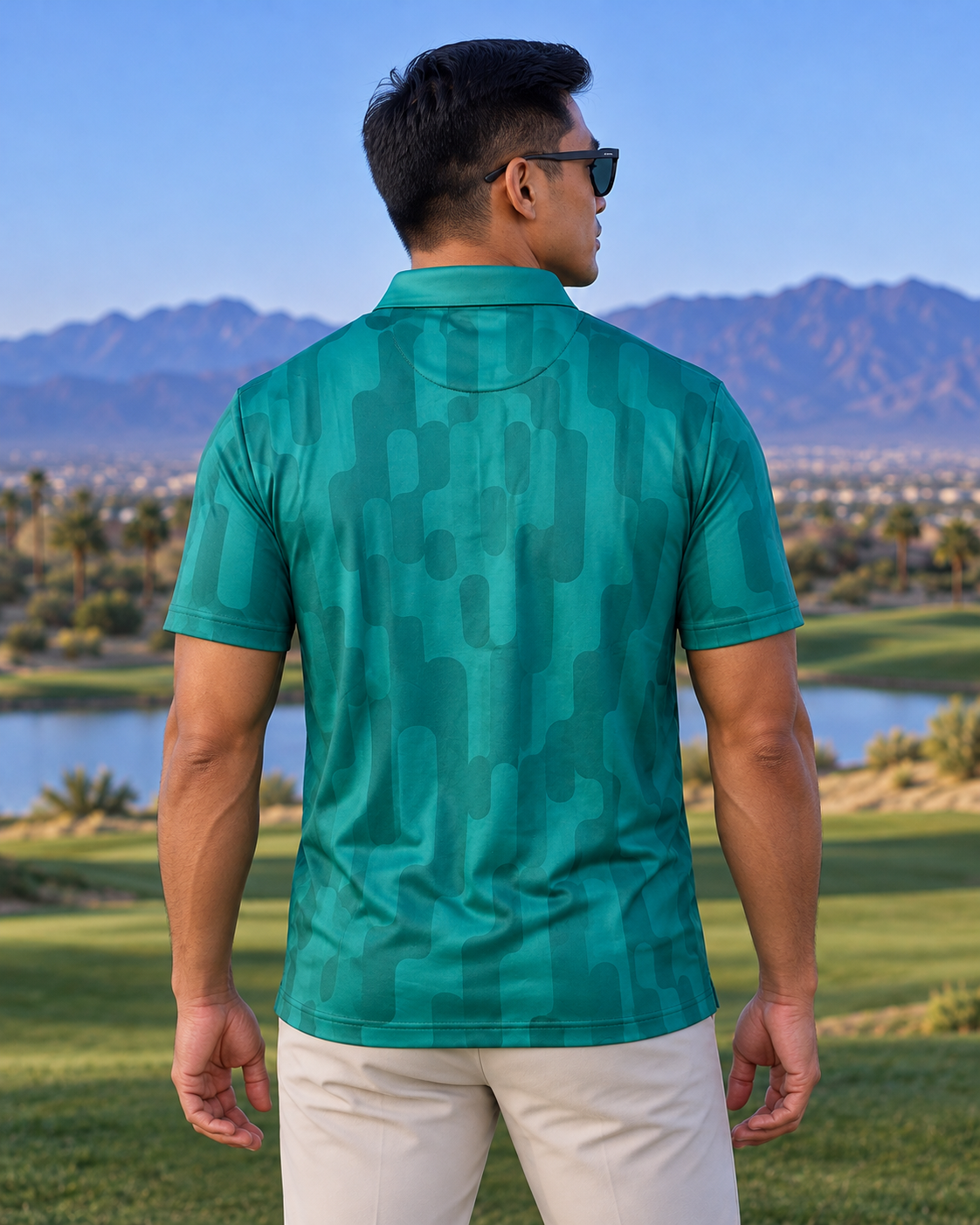 Teal abstract-print polo at blue-hour golf course-3.png