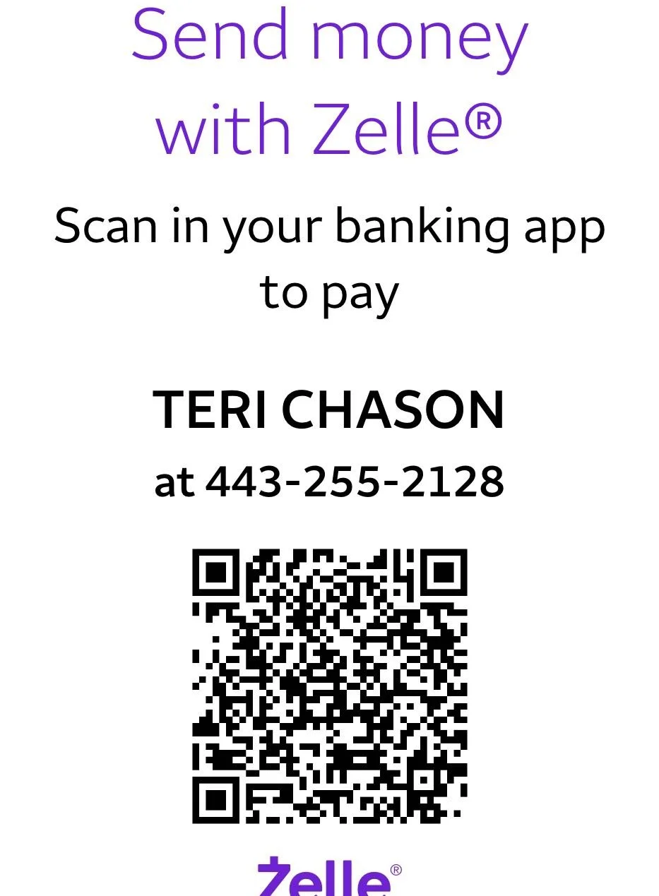 Advertisement for Zelle mobile payment service, showing instructions to scan a QR code for payment to Teri Chason at 443-255-2128