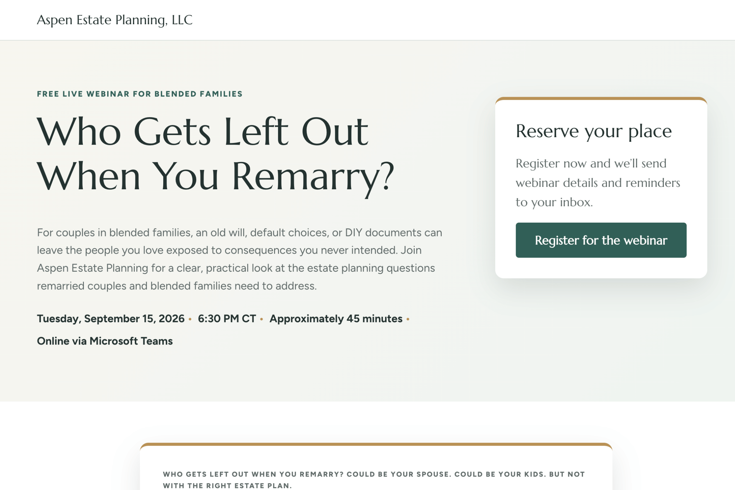 Web page featuring a free webinar titled "Who Gets Left Out When You Remarry?" hosted by Aspen Estate Planning, LLC.