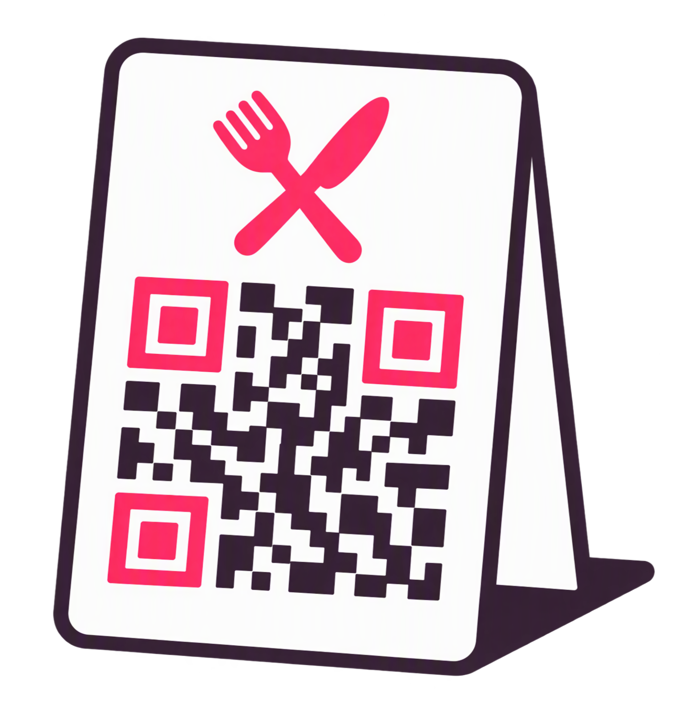 Table tent menu with a QR code, a pink fork and knife icon at the top, and a white background with pink accents.