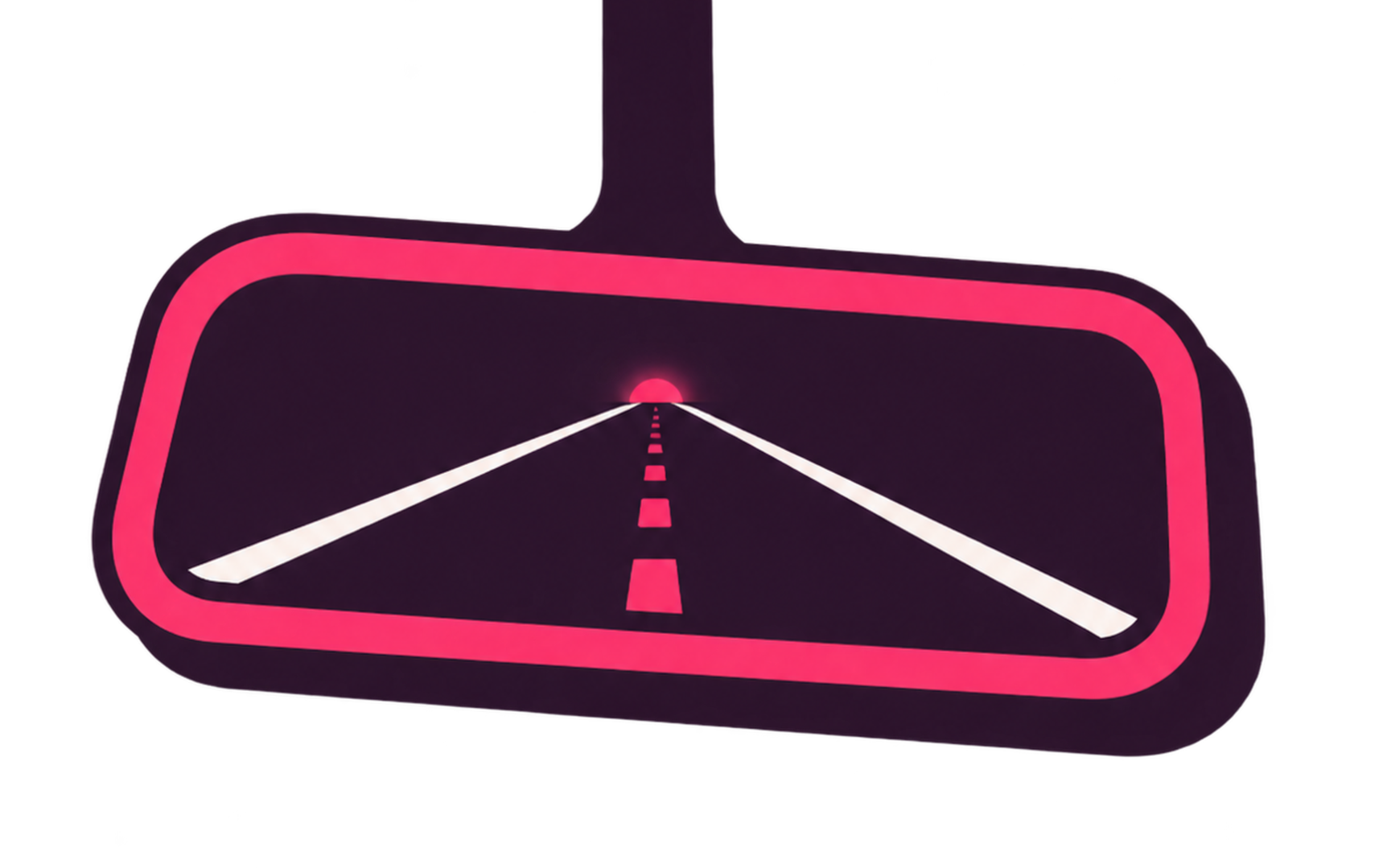 Retro-style rearview mirror with a neon pink frame, showing a road stretching into the horizon with white roads and dashed pink lines, under a dark sky with a pink sun at the horizon.