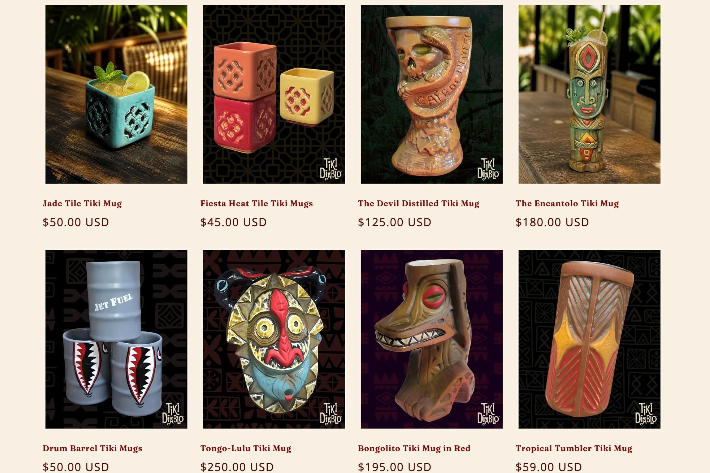 Collection of tiki mugs displayed on the Tiki Diablo website, with prices listed below each item.